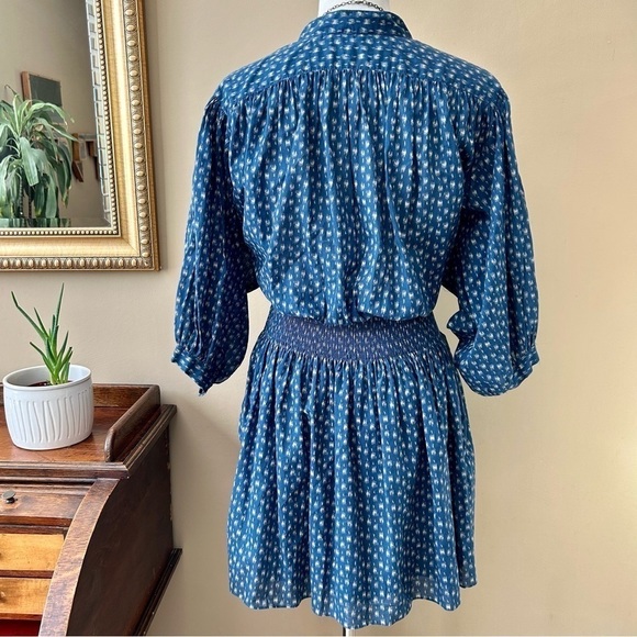 Rebecca Taylor Long Sleeve Ikat Shirtdress Indigo Blue Puff Sleeve Smocked Sz S - Picture 8 of 16